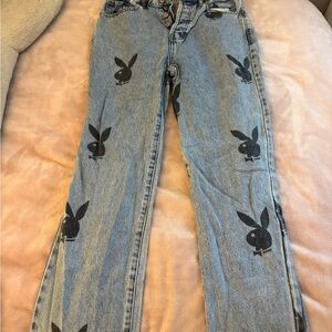 PLAYBOY Women's Light Blue Jeans with Black Logo Pattern